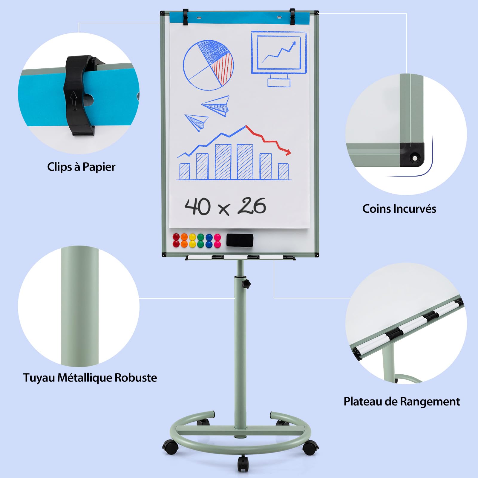 COSTWAY Tableau Blanc Effacable sur Pied, 100 x 65 cm, Tableau Blanc sur Pieds Hauteur Réglable 132-192 cm, Support Sur Roulettes, Cadre en Alu, Paper Board, pour École, Bureau (100x65cm,Vert)