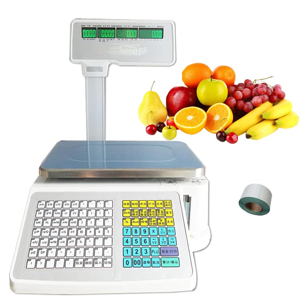 INTBUYING Digital Price Label Printing Scale, with 400 Sheets Thermal Label, Four-Window with Vertical Pole, Double-Sided LCD Display 33LB 15KG Capacity