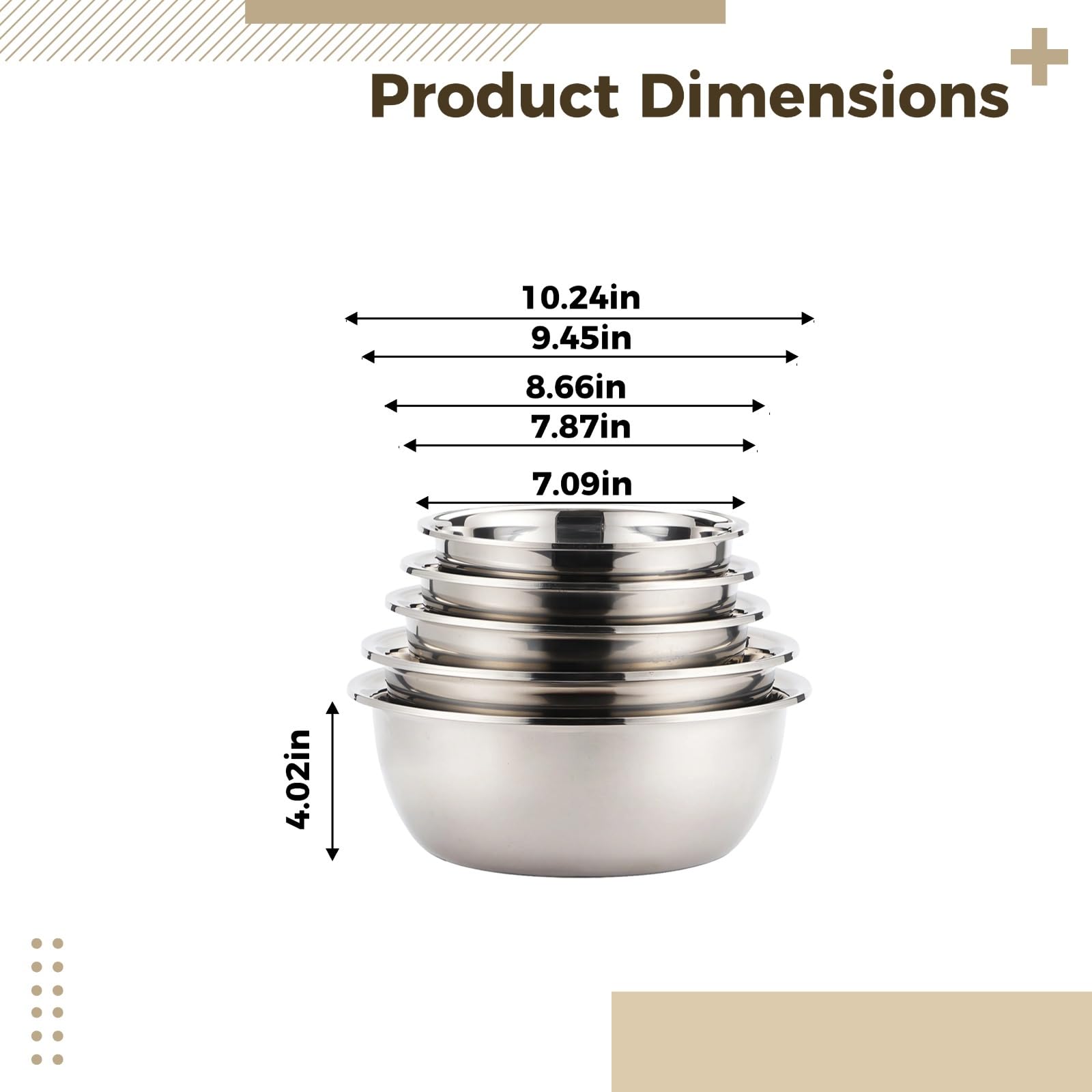 Generisch 5er Set große Rührschüsseln aus Edelstahl, 7,1 bis 10,2 Zoll, 18 bis 26 cm, Metallschüsseln zum Servieren, Backen und Marinieren, stapelbares Schüsselset für Küche und Alltag