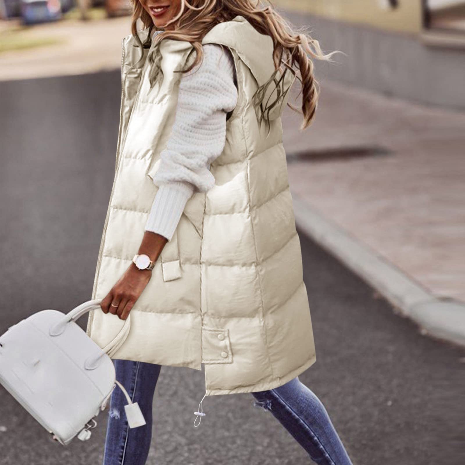 Chaqueta de longitud media para mujer, chaleco de plumón con capucha, chaleco largo sin mangas, chaleco acolchado largo, ligero, chaqueta de invierno para exteriores