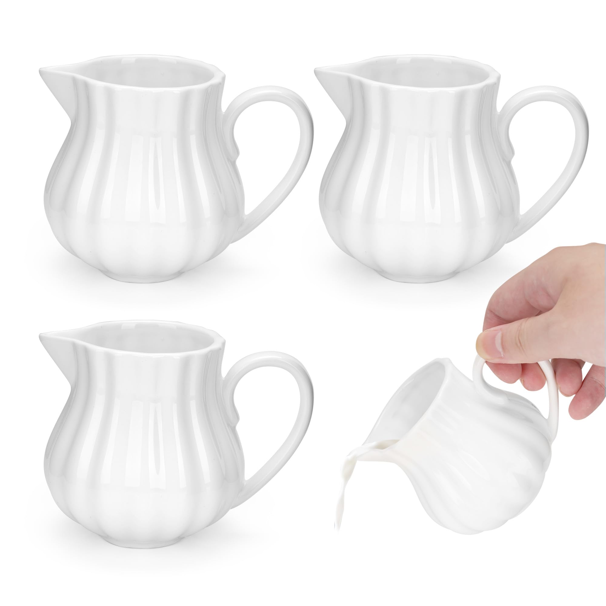 WENLISELL 4 PCS Porcelain Cream Jugs 200 ml, Ceramic Milk Pitcher with Handle, White Porcelain Cream Jugs for Coffee, Milk, Home