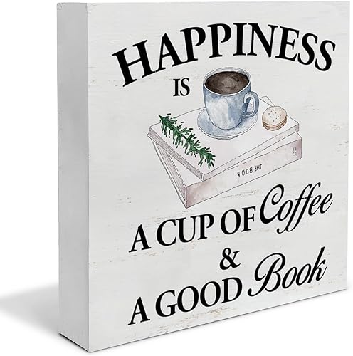 Letrero de madera para amantes del café, la felicidad es una taza de café y un buen libro, letrero decorativo de madera para decoración de cocina