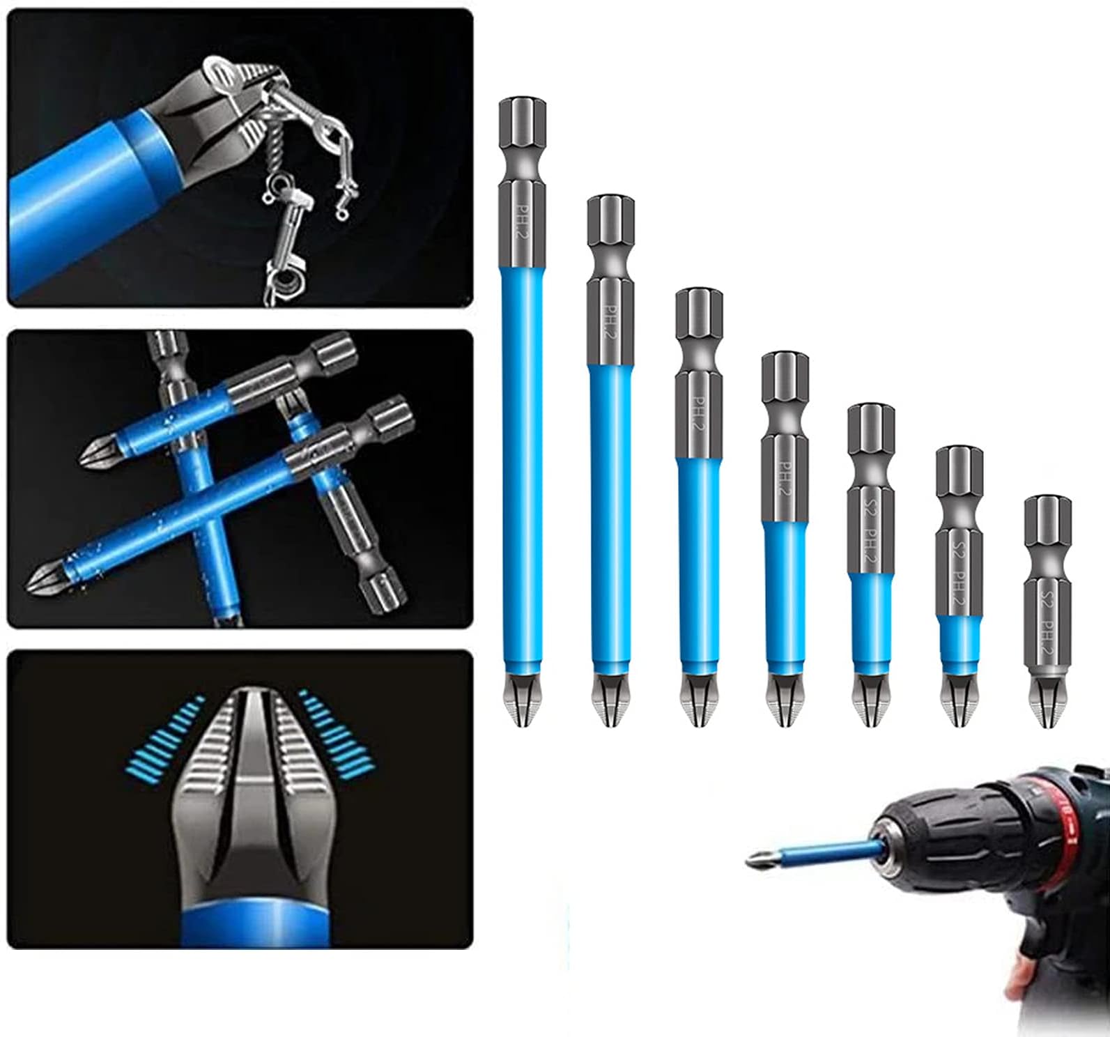 Magnetic Anti-slip Drill Bit, 7pcs Phillips Screwdriver Bit Set, S2 Alloy Steel Long Bits, 1/4 Hex Shank, Fine Tooth Design, Strong Magnetism, 25mm-150mm PH2
