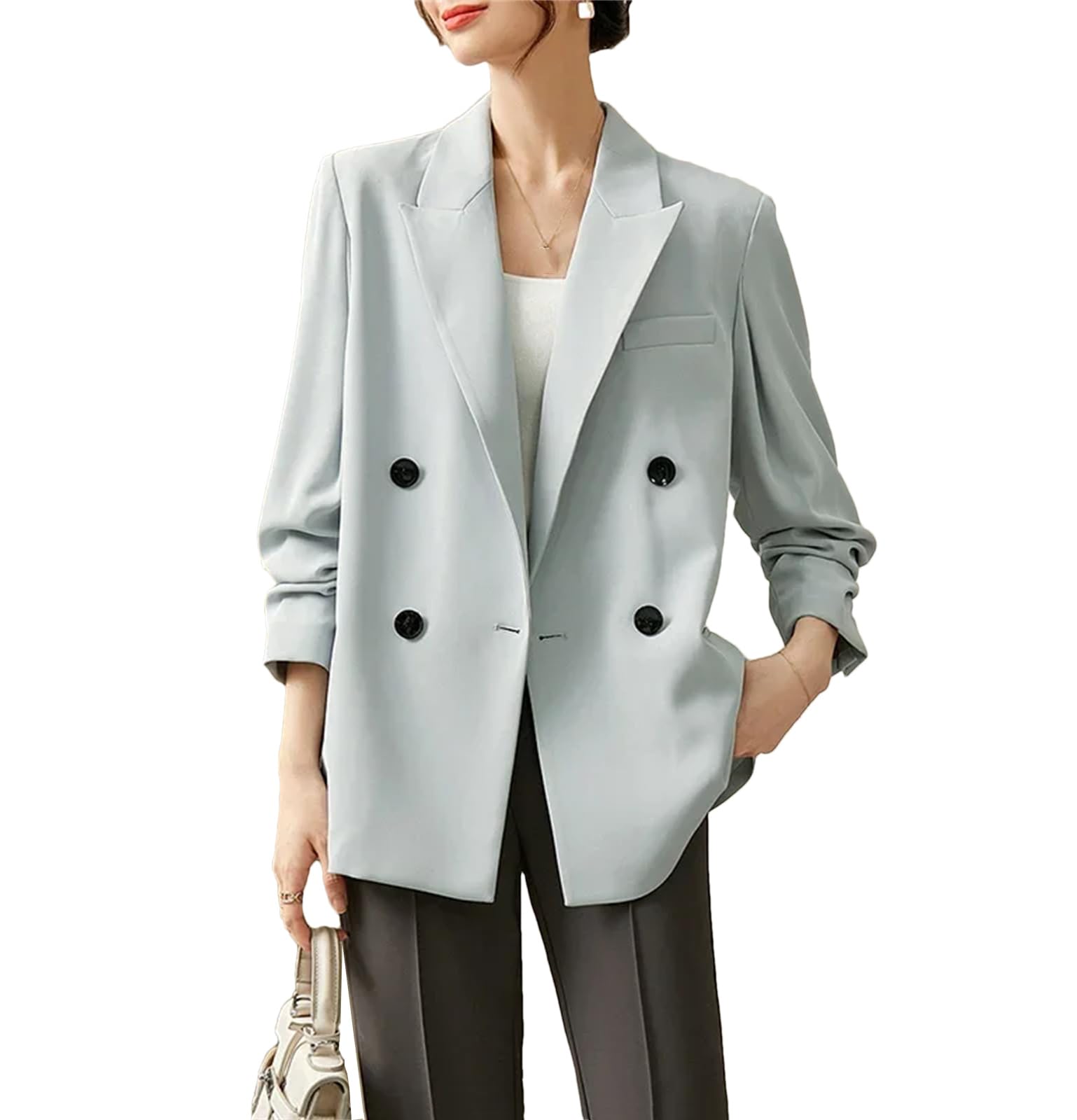 Three Quarter Sleeve Blazers for Women Spring Straight Loose Double Breasted Business Work Elegant Suit Jackets