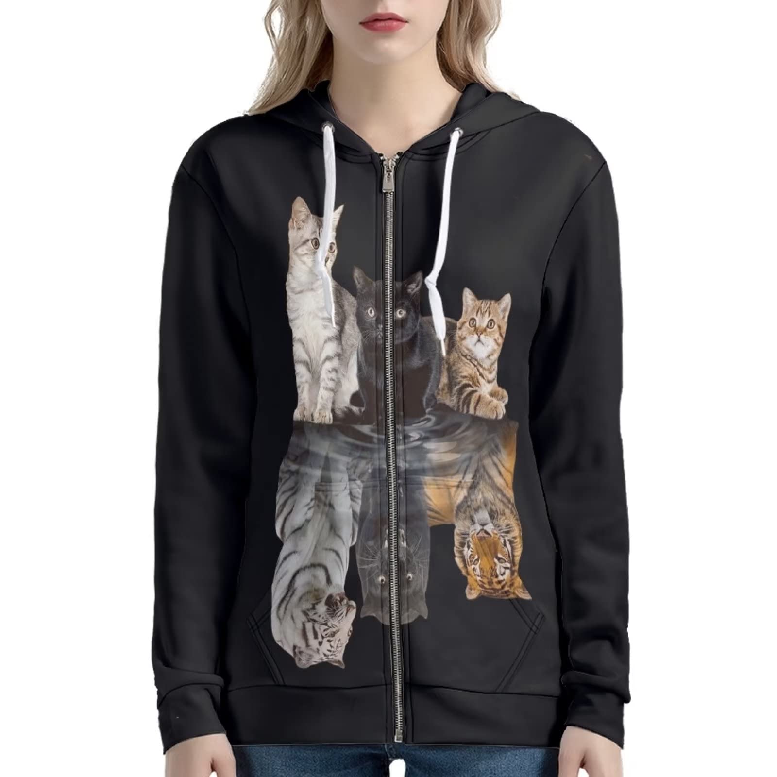 Felpe con cappuccio da donna con zip intera con tasche, Gatto tigre., 4XL