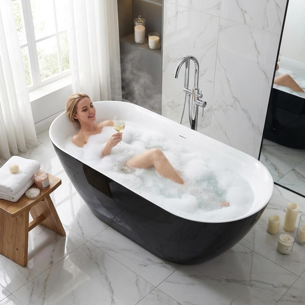 59 Inch Acrylic Freestanding Bathtub, Acrylic Soaking Bathtub with Matte Drain and Overflow, Modern Square Tub, cUPC Certified, Deep Ergonomic Design, Double-Walled Insulation, Easy Installation - Image 3
