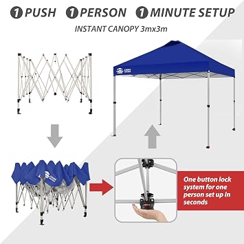 CROWN SHADES 3m x 3m Pop Up Gazebo, CenterLok One Push Canopy Tent