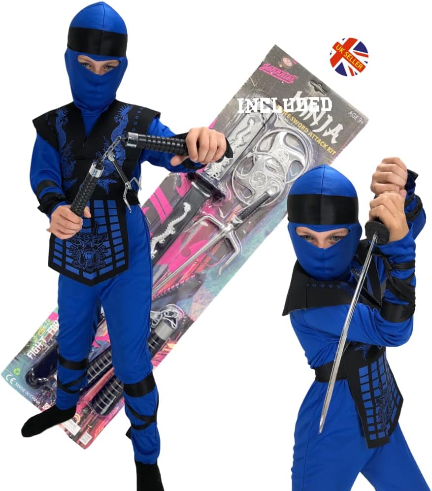 Rubber Johnnies Blue Neon Ninja Costume, Kids, 3 Sizes, 4-6 Years