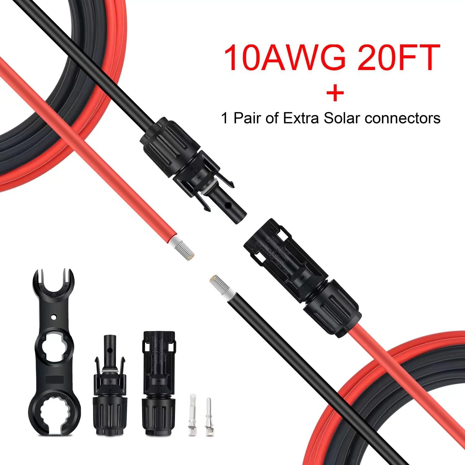 Solar Extension Cable 20 Feet 10AWG Solar Panel Cable with Pair of Connectors and Adaptor Kit Tools (20FT Red + 20FT Black)