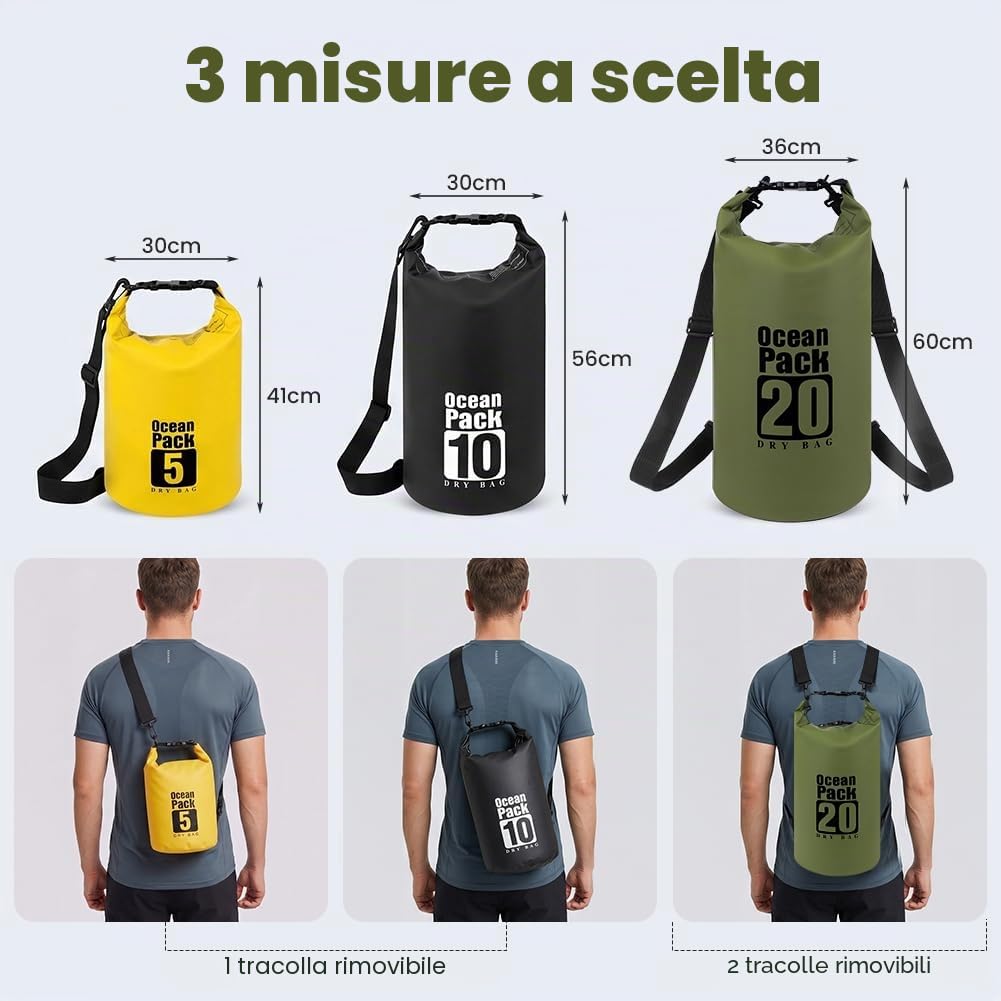 URAQT Borsa Impermeabile, Zaino Impermeabile da 5L 10L 20L, Bag Sacco Impermeabile con Tracolla Regolabile, Chiusura a Rotolo, per Sport Acquatici, Kayak, Barca, Rafting, Nuoto, Campeggio(Giallo,10L)