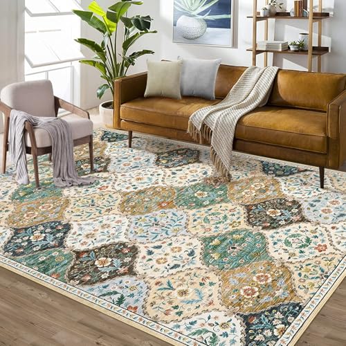 GarveeHome Floral Trellis 8x10 Rug Machine Washable Rugs Non Slip Non Shedding Vintage Rug Indoor Floor Carpet Low Pile Distressed Rugs for Living Roo