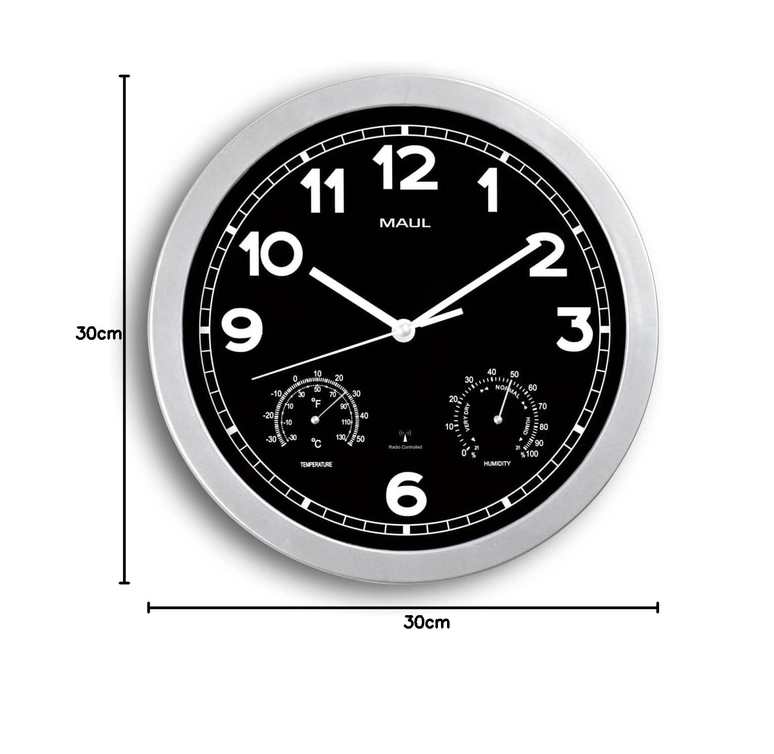 MAUL Funk Wanduhr silber MAULdrive Analog mit Thermometer und Hygrometer | automatische Zeitumstellung, leiser Lauf, gut ablesbare Ziffern, Raumklima im Blick, Batterie inklusive, einfache Wandmontage