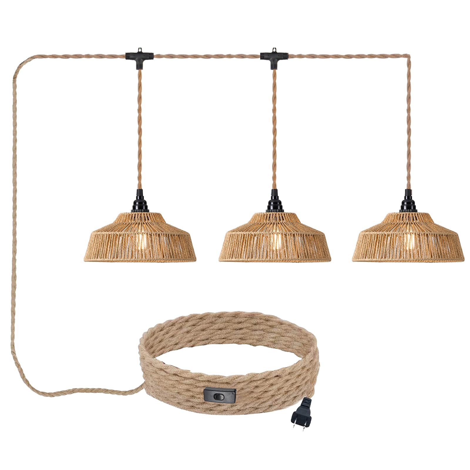 ALAISLYC 3 Lights Rattan Plug in Pendant Light with Cord On/Off Switch Rattan Hanging Lamp with 22ft Hand Woven Wicker Plug in Chandelier Boho Hanging
