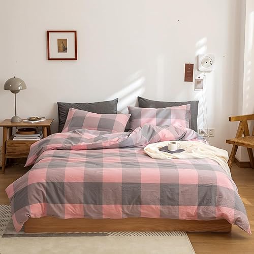 Miniatura 10 de FACE TWO FACE Juego de funda de edredón de 3 piezas, 100 % algodón lavado con textura parecida al lino transpirable duradero suave cómodo