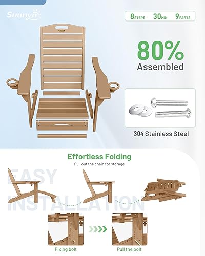 Miniatura 7 de Silla plegable Adirondack con otomana retráctil, resistente a la intemperie, silla de patio con 2 portavasos, silla de jardín al aire libre (teca)