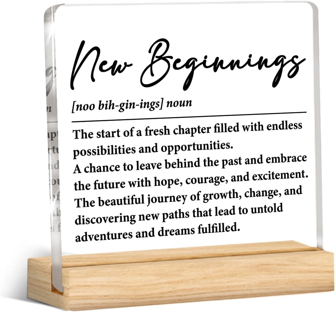 New Beginnings Acrylic Desk Plaque Sign, 4x4 Inches, Modern Style, Graduation Gift, Home Office Decor