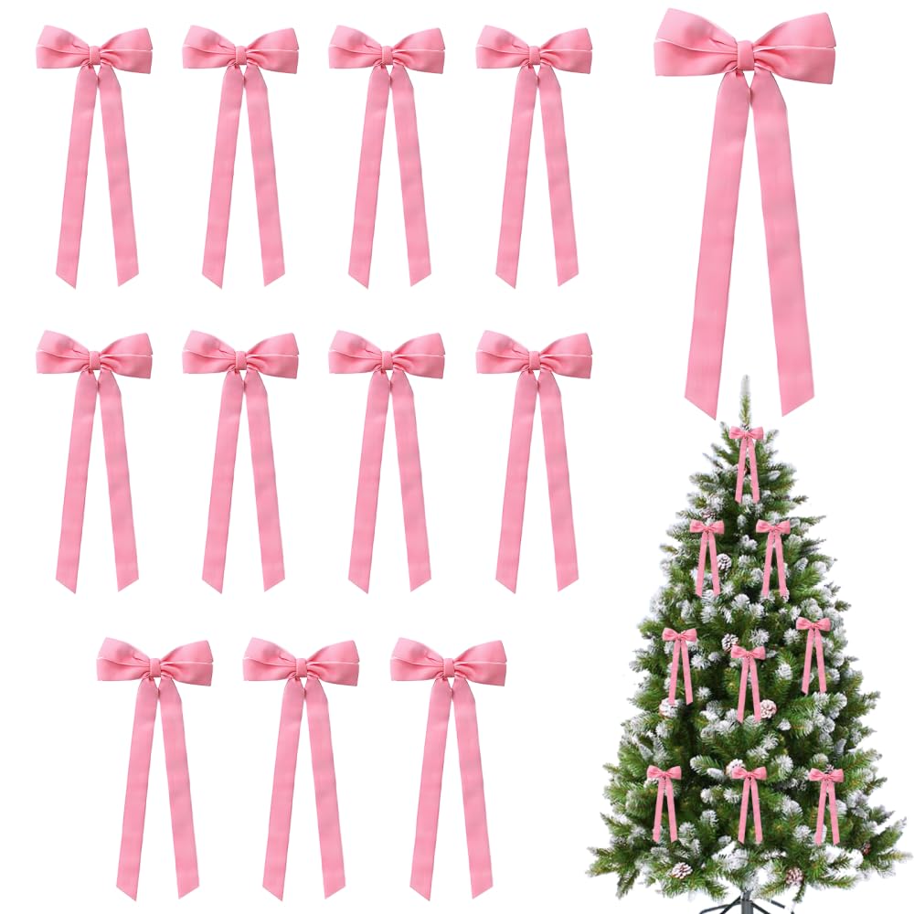 Mioyoow Pink Christmas Tree Bow, 12Pcs Christmas Velvet Bows Multi Functional Soft Bow Decorations For Xmas Thanksgiving Home Party Wedding Ornaments