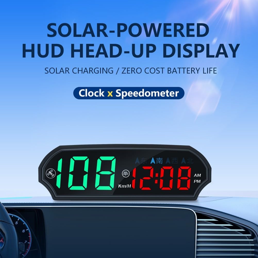 Tachimetro GPS a energia solare con bussola per auto, display a colori a LED HD, accensione e spegnimento automatico, km/h, adatto alla maggior parte dei veicoli, supporto HUD da cruscotto