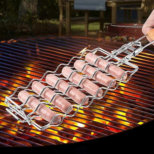 Wurstgrillkorb Edelstahl BBQ 6 Hot Dog Grillrost mit abnehmbarem Holzgriff Tragbares Grillzubehör