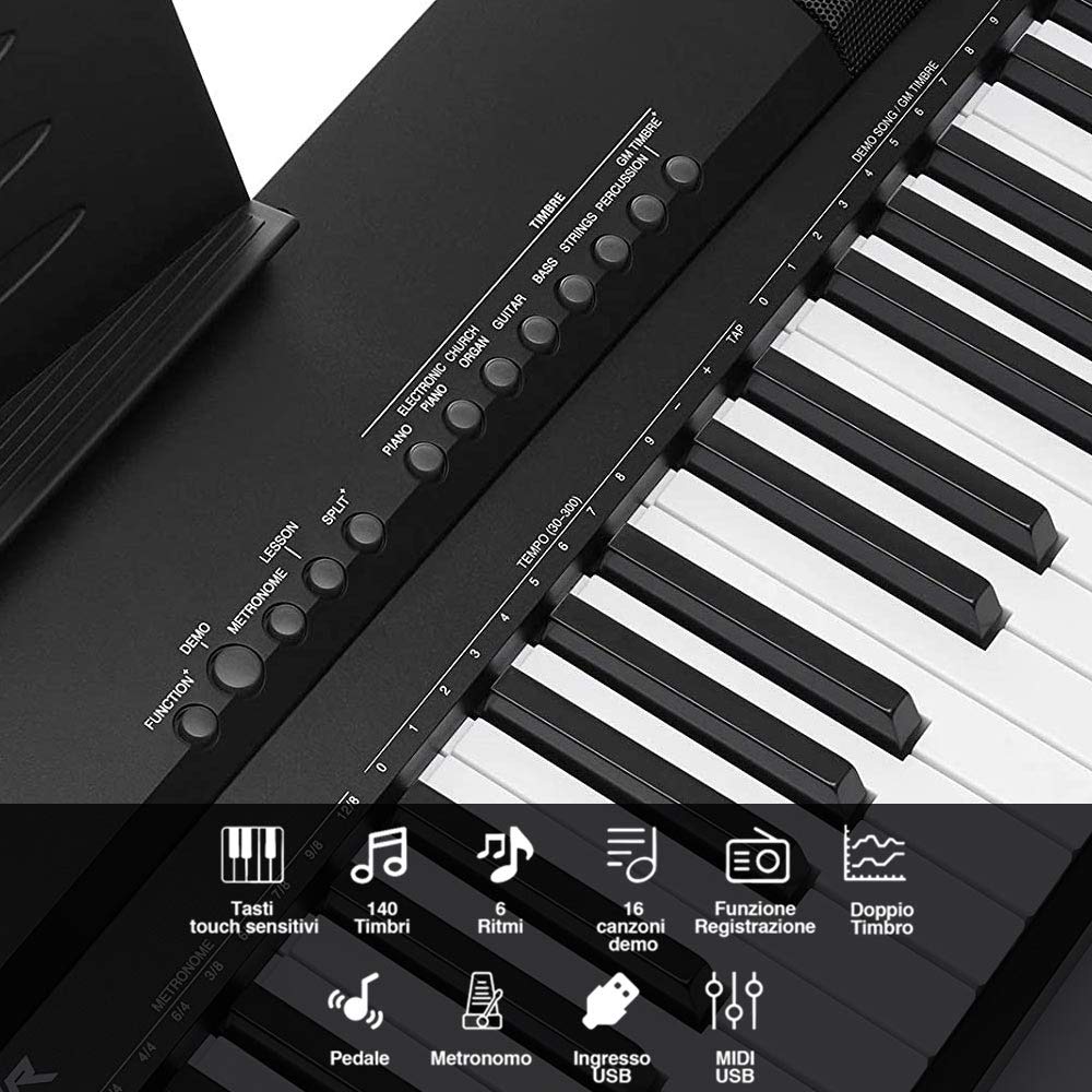 Bakaji - Teclado musical plano electrónico, 88 teclas semipesadas, piano multifunción con 140 ritm, 6 instrumentos musicales, función Split Twinova, entrada AUX USB + pedal atril y soporte