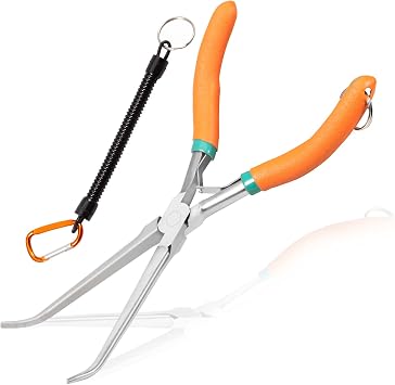 Long Needle Nose Pliers 7 Inches Extra Long Reach Bent Needle Nose Pliers with Serrated Jaw Lanyard Curved Handle Jewelry Pliers For Jewelry Making, Bending Wire and Small Object Gripping