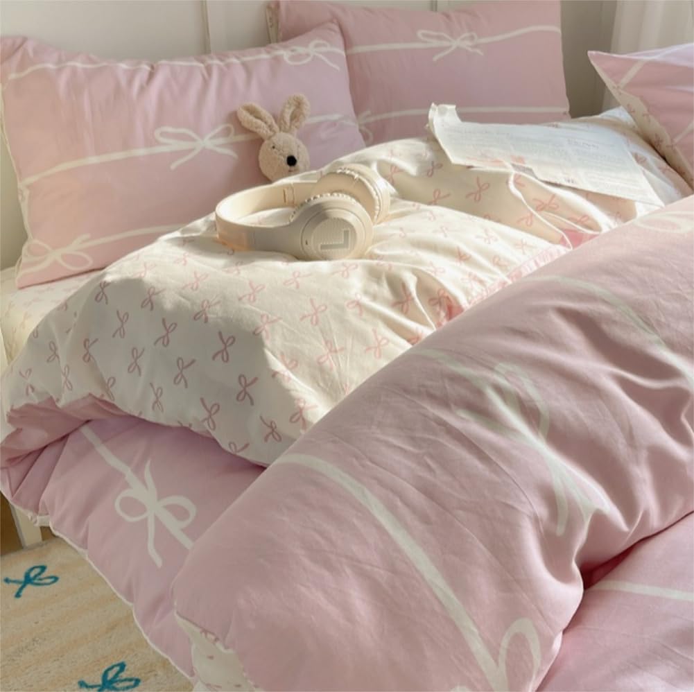 Sedefen Striped Duvet Cover Queen Size Pink White Bow Stripes Bedding Set 3Pcs Kids Boys Girls Princess Style Kawaii Bowknot Comforter Cover with Zipper Closure & Corner Ties