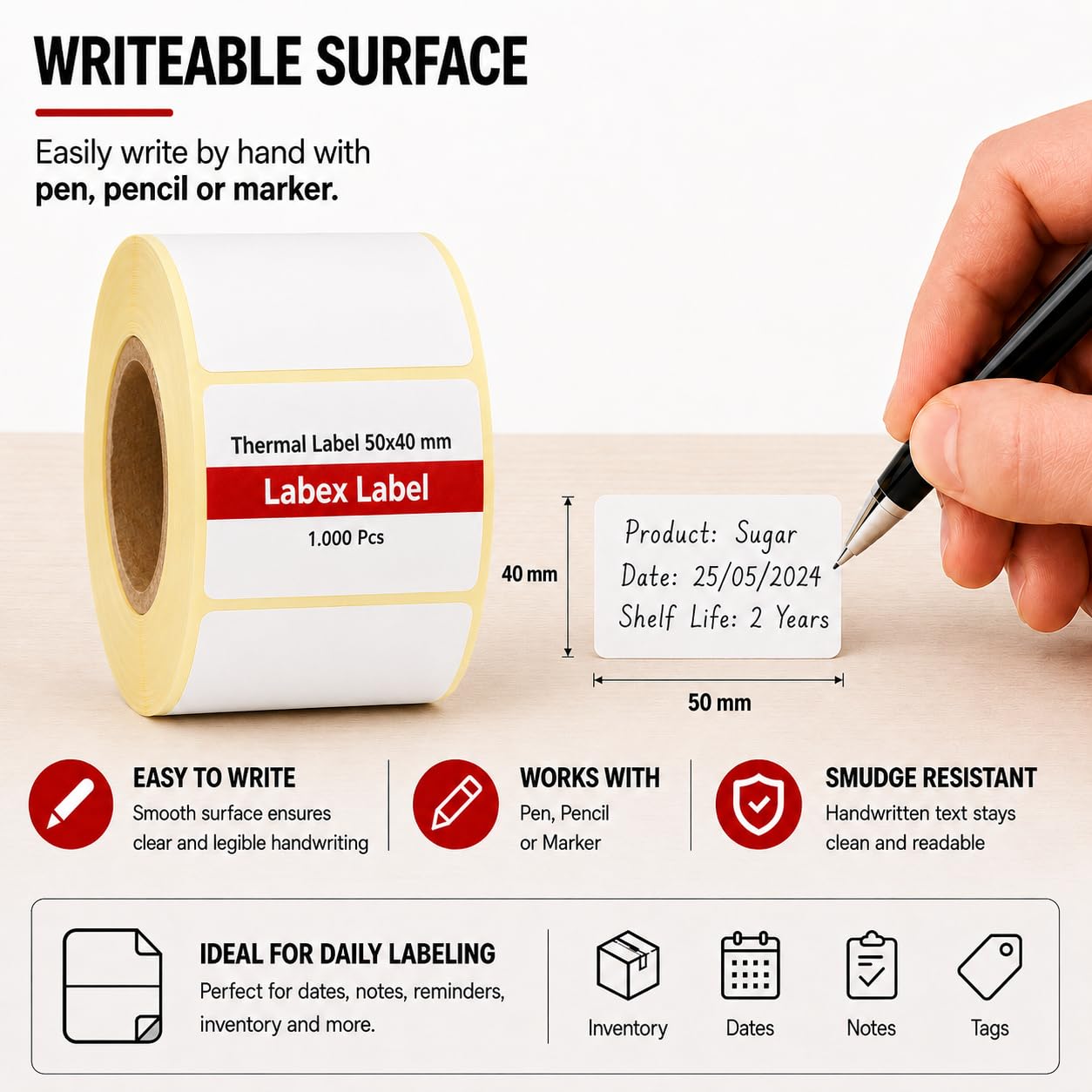 Etiquetas térmicas 50x40 mm en rollo – Etiquetas Adhesivas Código de Barras Sin Cinta – 3 rollos – Sin cinta – TSC Godex compatible – Labex Label