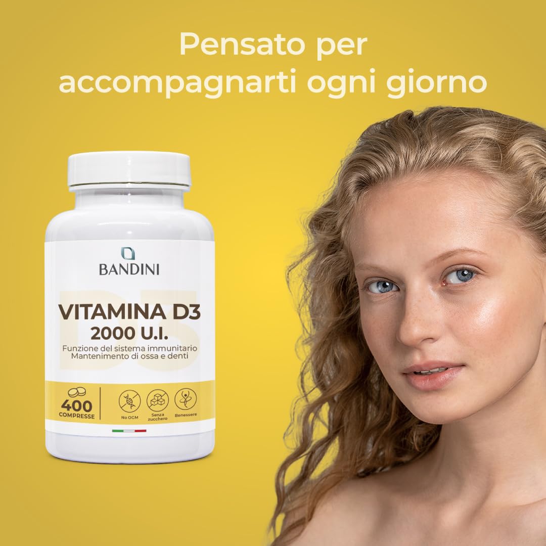 Bandini® Vitamina D 60.000 UI/mese 400 Compresse (+1 Anno), Difese Immunitarie, Salute di Ossa, Denti e Muscoli, Metabolismo del Calcio, 50 mcg di Colecalciferolo, Vitamin D3 Pura ad Alto Dosaggio