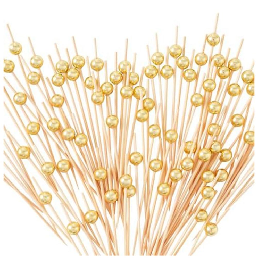 CTRLZS 300 Piece Cocktail Picks 4.7 Inch Food Toothpicks Wood Color & Gold for Appetizers/Bamboo Cocktail Skewers/Long Toothpicks for Fruit