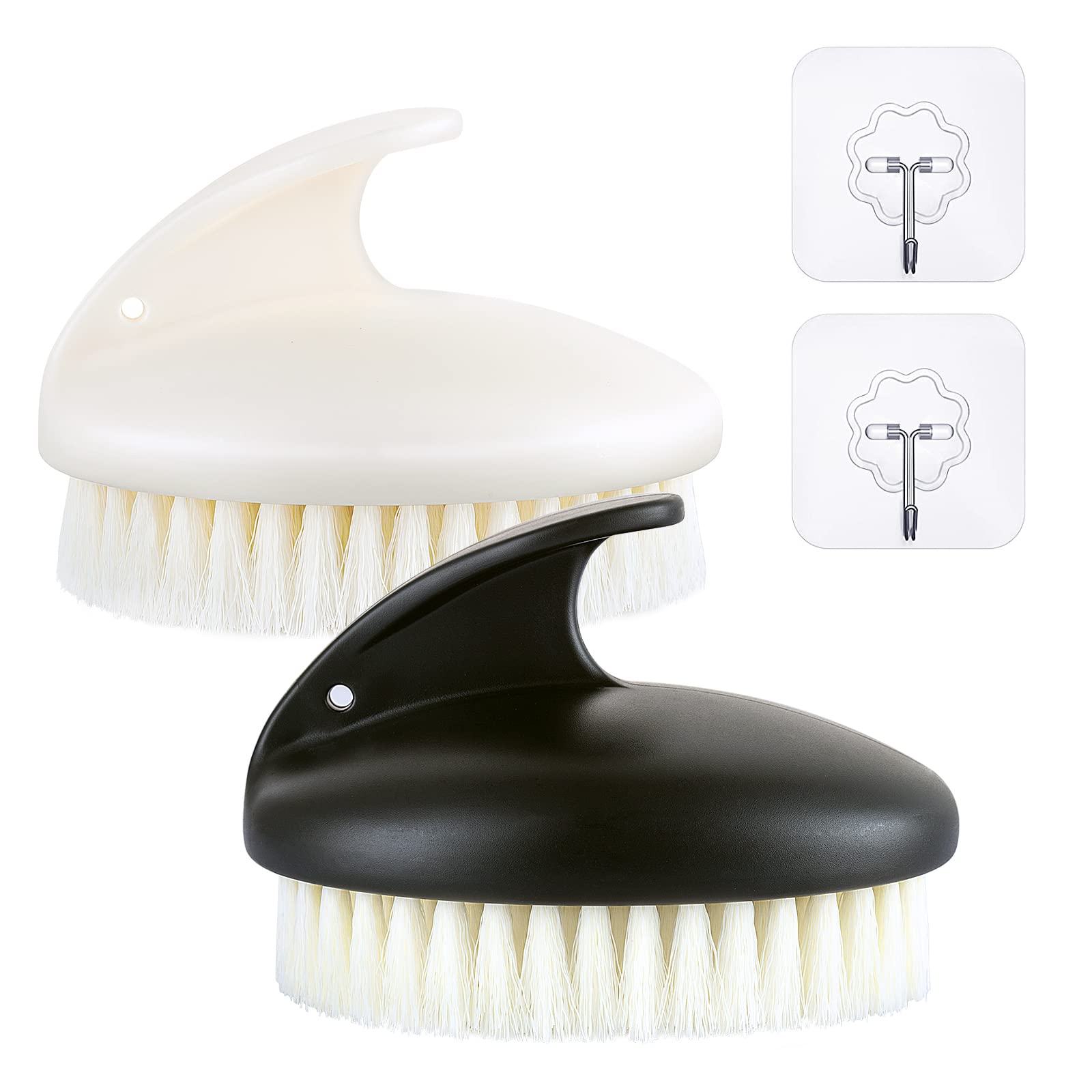 2 Pack Dry Brush Exfoliating Brush, Anti-Slip Body Scrubber for Shower, with Hanging String & Adhesive Hooks, Never Mold Shower Body Cleaning Brush for Deep Cleansing&Soften Skin (Black+White)