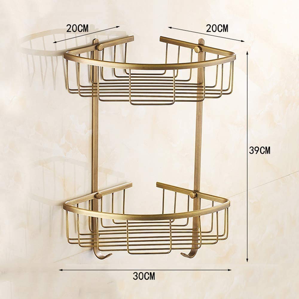 Cesta de almacenamiento de latón macizo antiguo doble estante de esquina de baño montado en la pared, soporte para colgar en la ducha, estante de baño triangular dorado con ganchos, resistente al