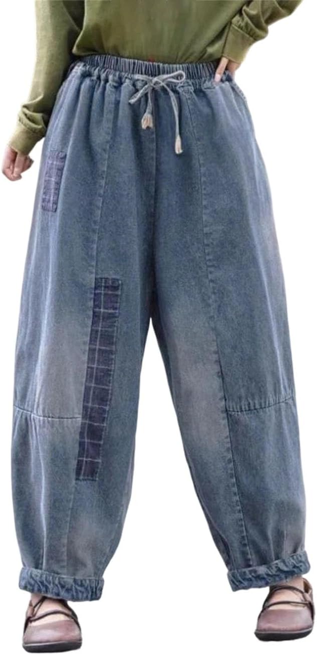Women Summer Chic Plaid Patchwork Pants Loose Retro Denim Casual Elastic Waist Trousers