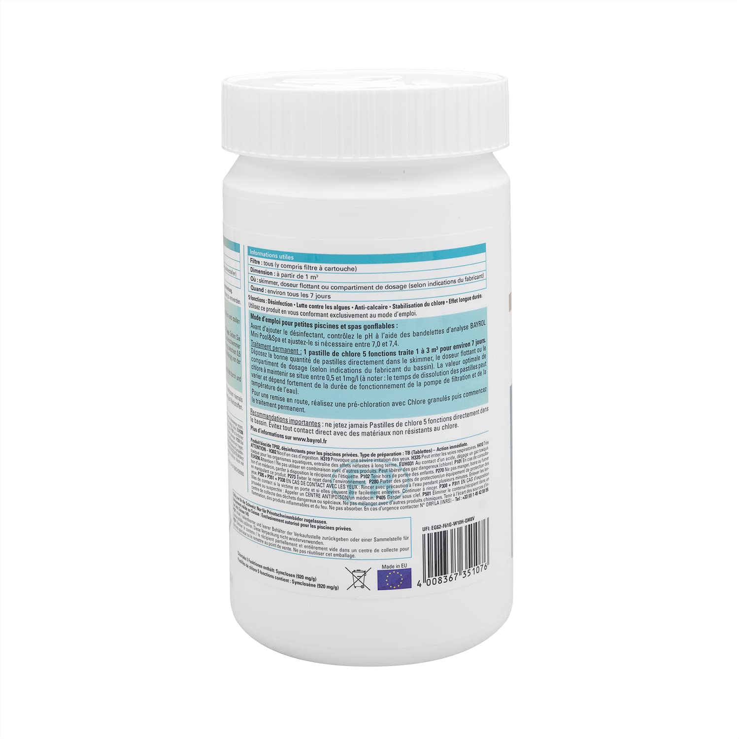 BAYROL Mini Pool & Spa CHLORE 5 FONCTIONS Pastilles 20g - 1kg | Chlore Lent Stabilisé Multiaction - Désinfection Régulière Multifonction - Petite Piscine, Hors-Sol, Spa Gonflable + 10 Tests HPS OFFERT
