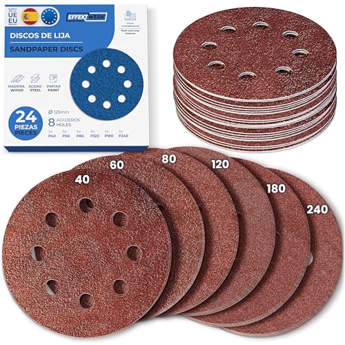 Discos de lijado EffektWerk (paquete de 24, 8 agujeros), papel de lija de 125 mm con varios tamaños de grano (40, 60, 80, 120, 180, 240)
