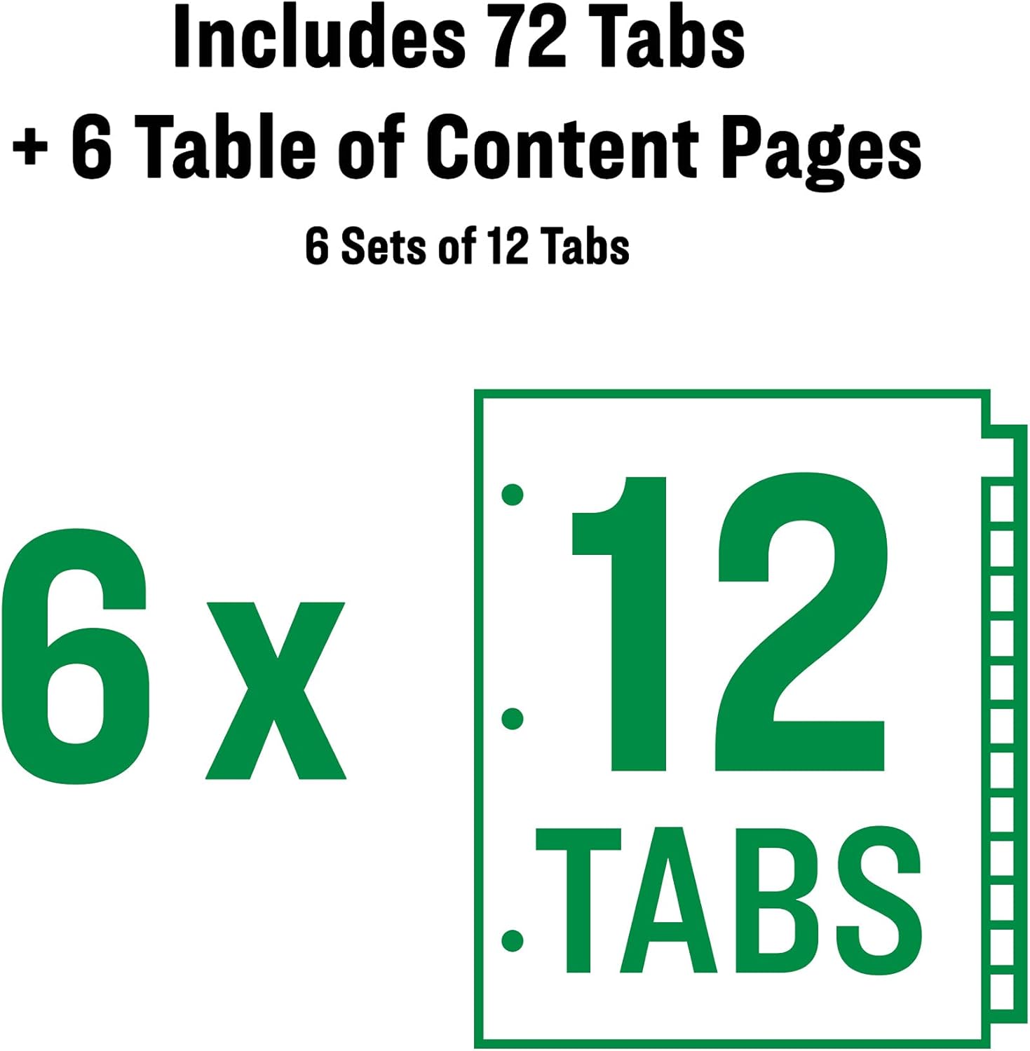 Office Essentials Table 'n Tabs Jan-Dec Dividers, 12-Tab Sets, White Paper, Multicolored Tabs, 6 Binder Divider Sets (26171)