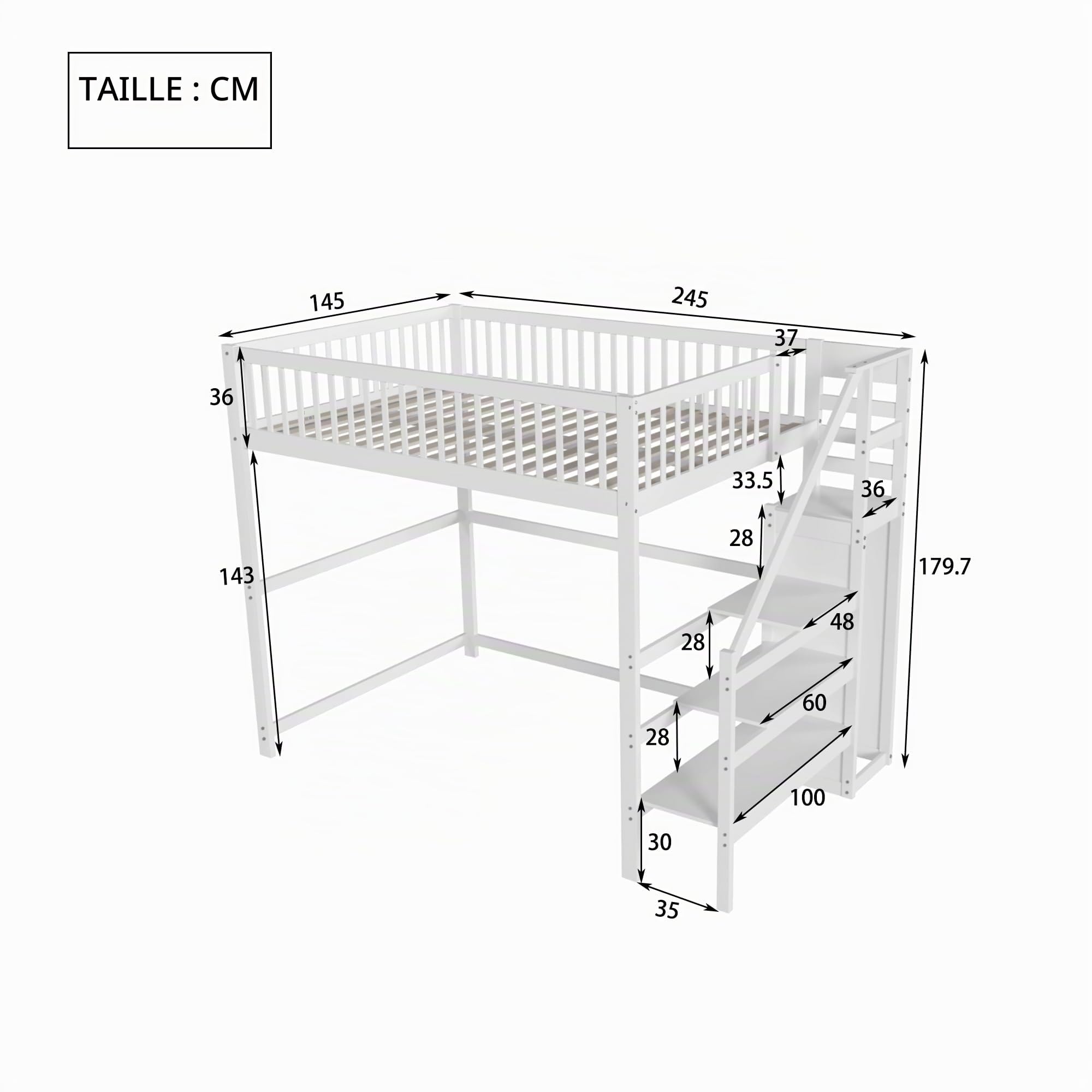 Merax Lit Mezzanine 1 Place 140 x 200 cm, Multifonctionnel Lit Mezzanine Enfant avec Garde-Robe et Escaliers, Blanc (sans Matelas)