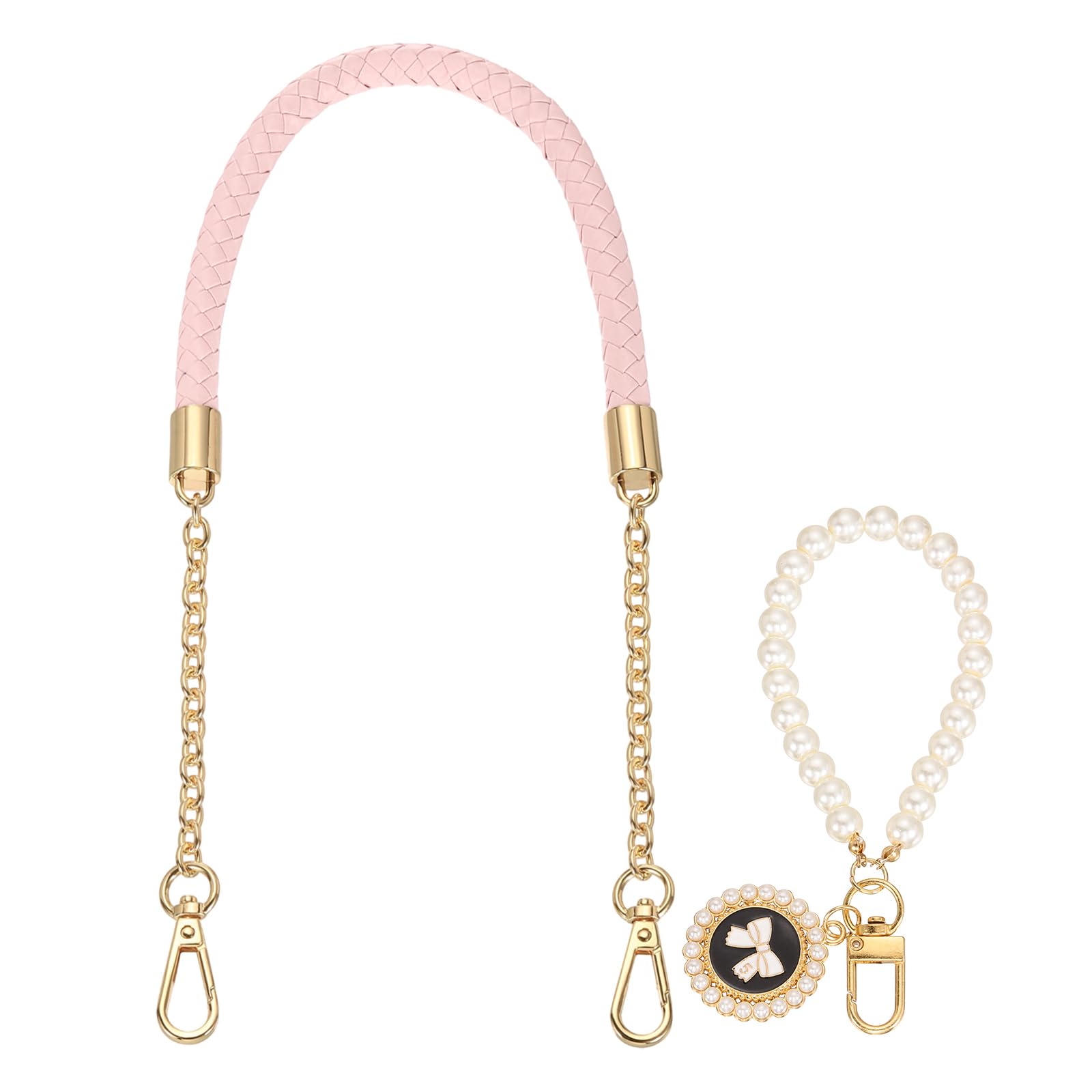 sourcing map PU Leather Chain Purse Strap, 24.4 Inch Braided Purse Handle Replacement with Pearl Pendant for Handbags Underarm Bag Tote (Light Pink, Light Gold Buckle)