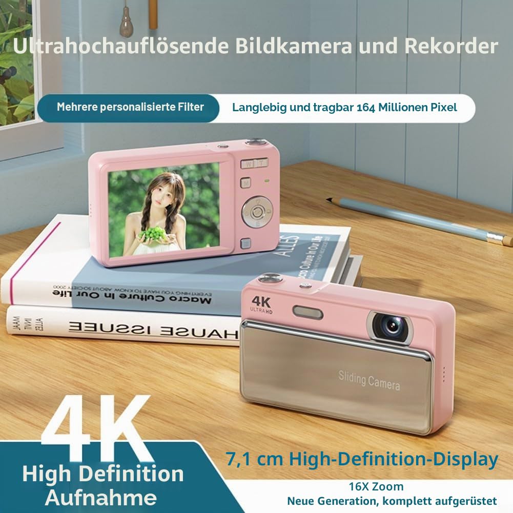 Schiebe-Digitalkamera, 64 MP, 4K-Video, 16-facher Digitalzoom, kompakt, tragbar, mit integriertem Blitz, Autofokus, für Studenten, Fotografie-Enthusiasten, Reisen, Vlogging (Silber)