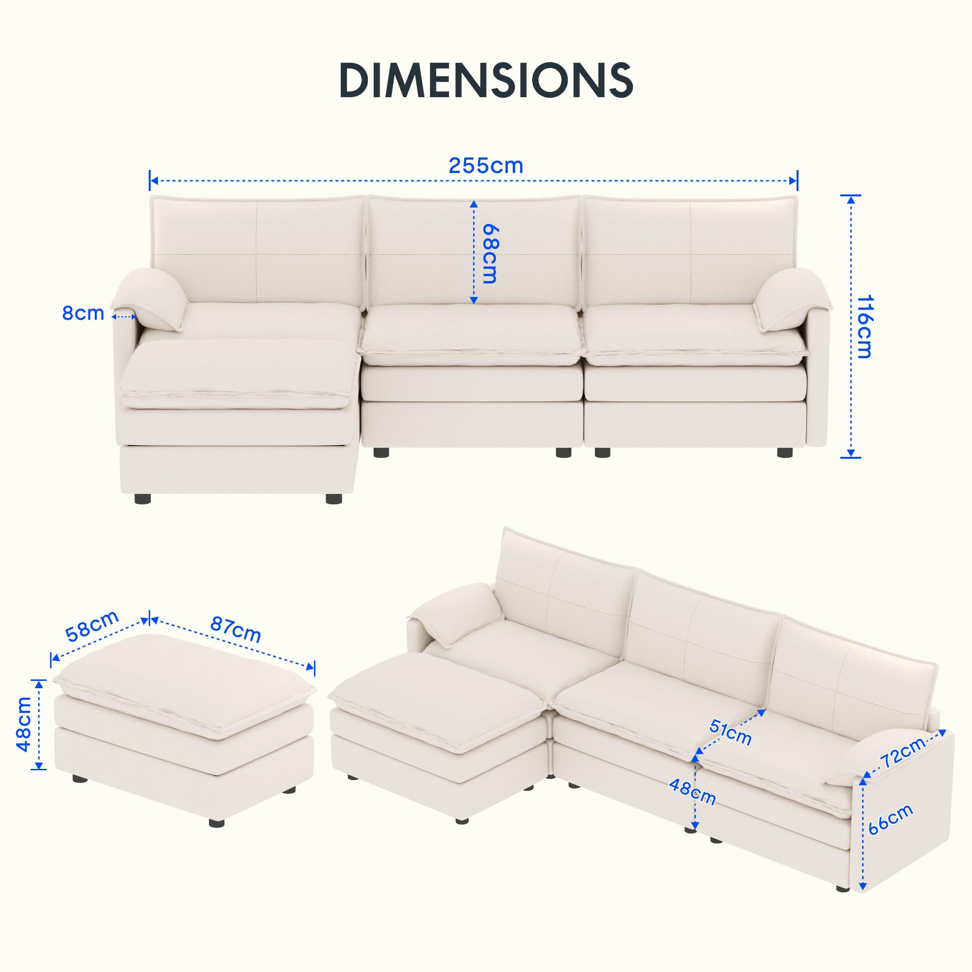 FLEXISPOT Canapé Convertible 4 Places, Canapé d'angle en L avec Repose-Pieds et Rangement, Canapé modulable, Gain de Place pour Le Salon, Blanc
