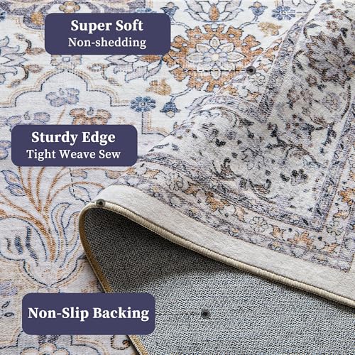 Vintage 8x10 Washable Area Rug, Low-Profile Large Area Rug with Non-Slip Backing & Durable Edge Binding, Pet-Friendly Carpet, Large Rug for Living Room, Bedroom, Dinning Room