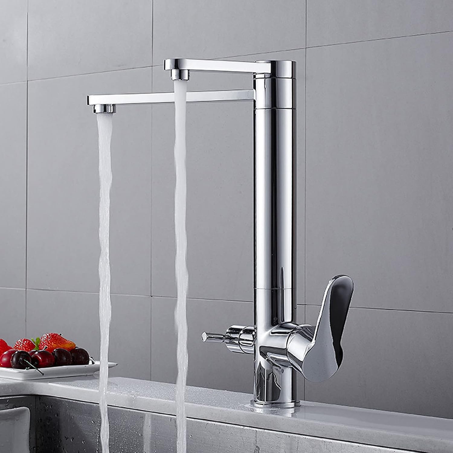 Kitchen Faucet, Brass Double Handle Hot and Cold Mixer Tap, Water Purifier Can Rotate Outlet, Creative Electroplating Without Hose