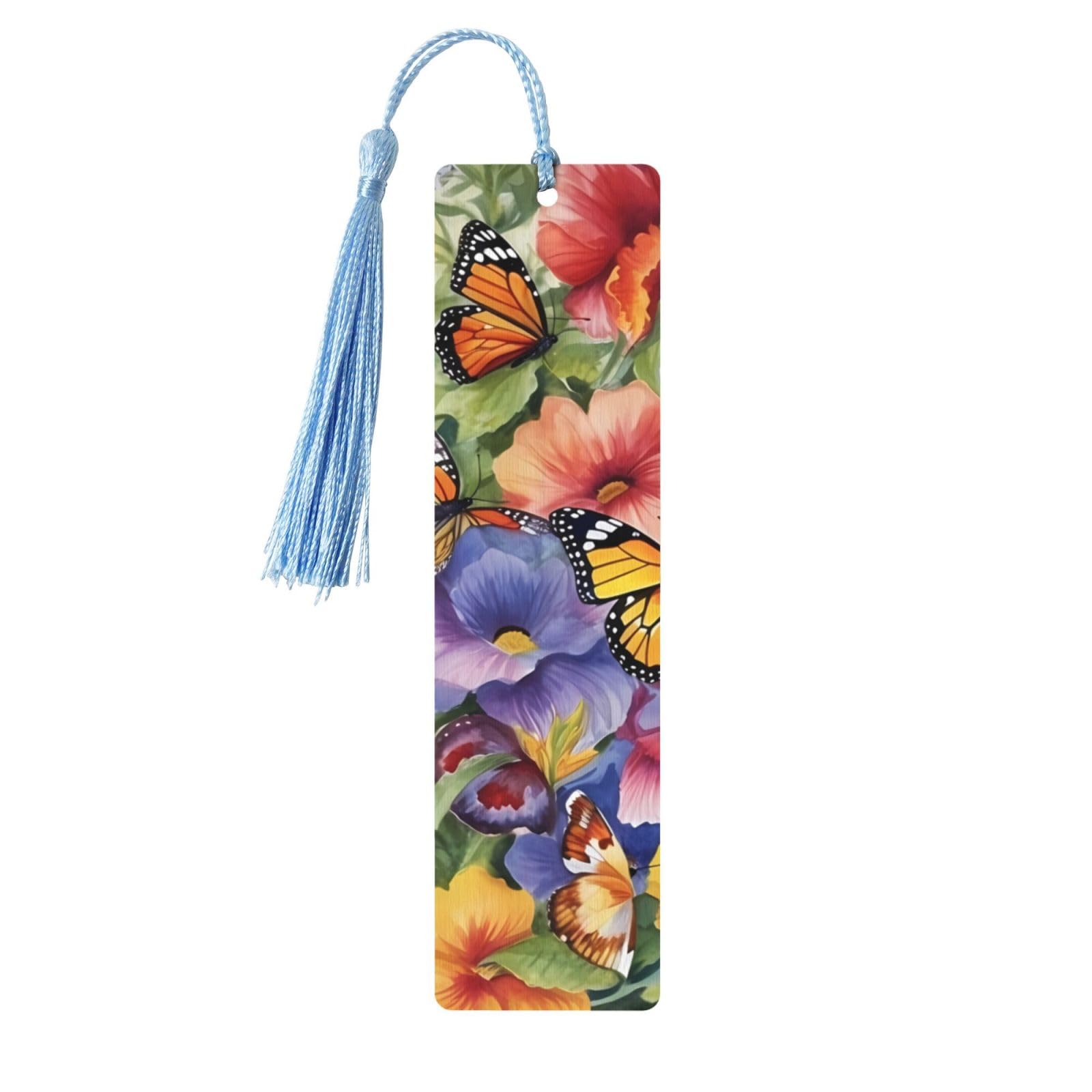 Colorful Butterflies Double-Sided Print Colorful Butterflies Bookmarks Wooden Book Marks with Sky Blue Tassel, Flowers Floral Lightweight Page Markers Reading Accessories