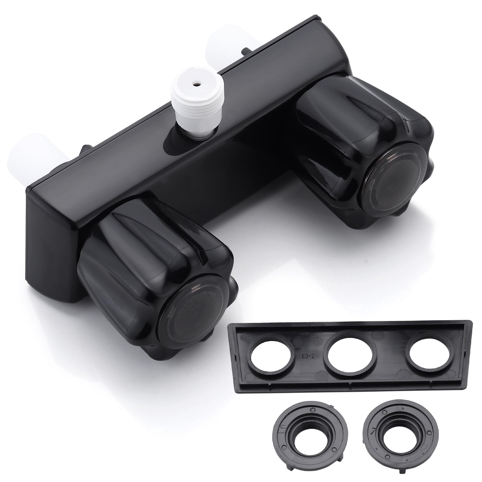 Grifo de ducha de repuesto para caravana, grifo de ducha de cámper, válvula de ducha de 4 pulgadas para exteriores e interiores, kit de ducha con pomos de ducha acrílicos dobles (negro completo)