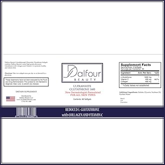Dalfour Beauty Ultra Glutathione Capsules with Hydrolyzed Collagen & Vitamin C – 2400mg High Absorption Antioxidant Support Supplement – 1600mg Reduced L-Glutathione Per Serving - 30-Day Supply