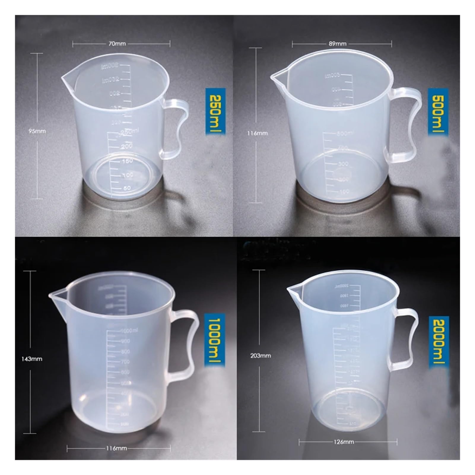 1 Set (250 ml, 500 ml, 1000 ml, 2000 ml), Kunststoffbecher mit Griff, Messbecher, Klasse PP, Schule, Labor, Küchenbedarf