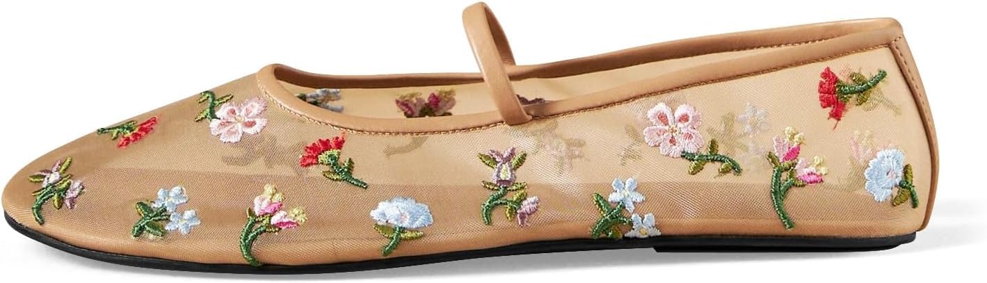 MAVMAX Nude Mesh Ballet Flats for Women Tulle Floral Embroidered Mary Jane Ballerina Round Toe Comfortable Daily Dress Ballet Flats Shoes with Strap