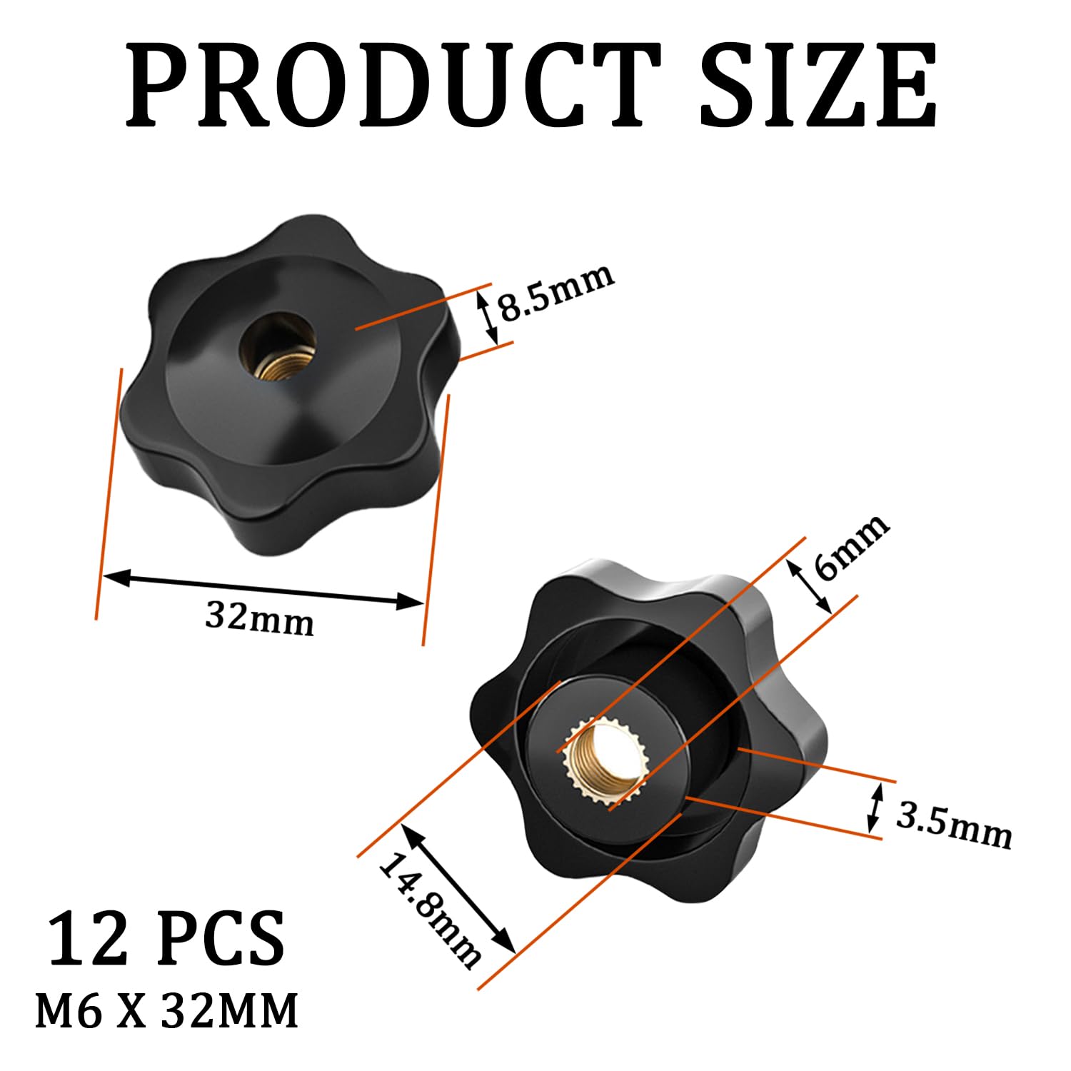 12 Pezzi M6 Manopola a Stella, 32mm Manopola di Serraggio a Stella Nera, Plastica Dado di Serraggio, Universale Manopole Maniglia con Filettatura Impugnatura, per Macchine Utensili, Mobili