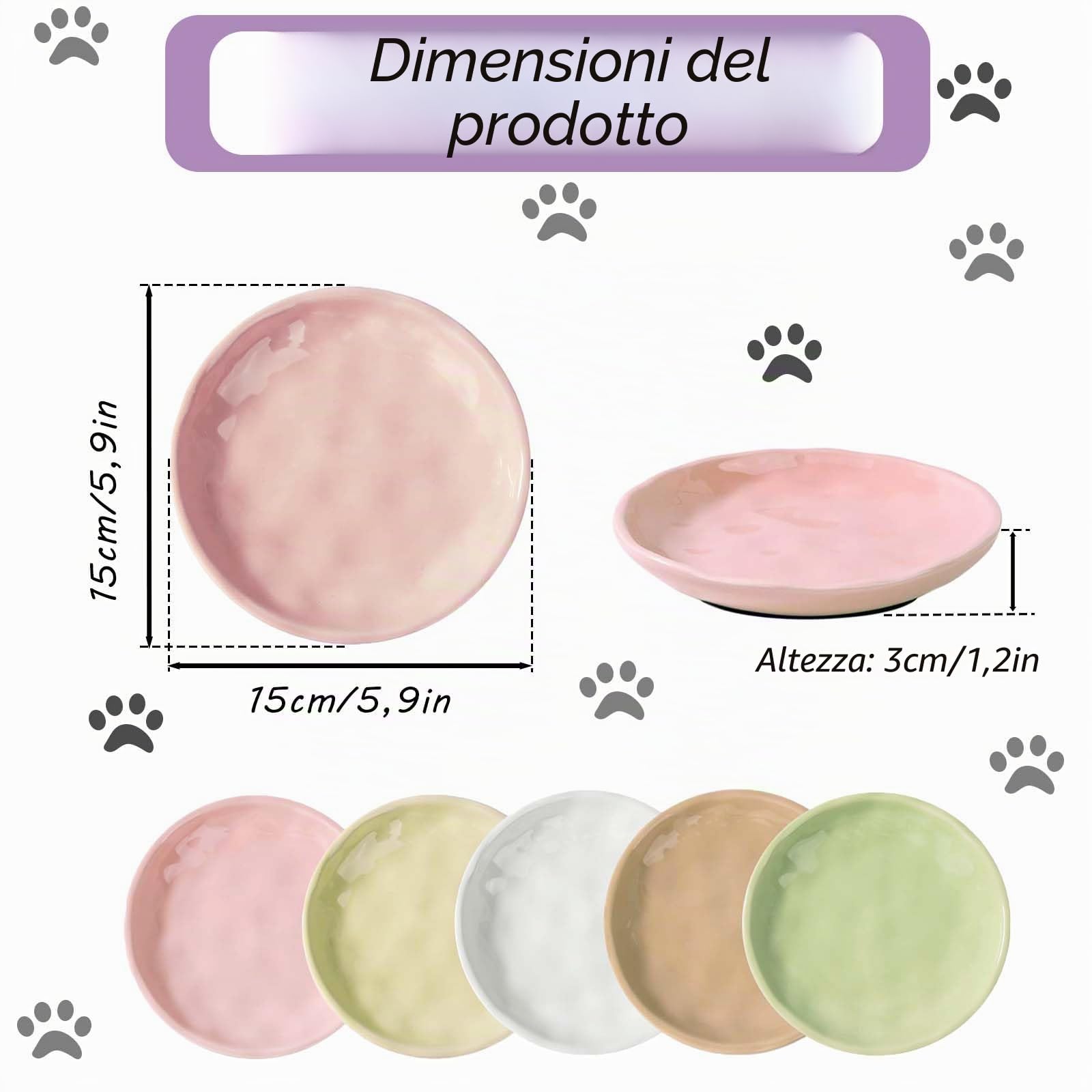 Set di ciotole per gatti in ceramica, 5 pezzi di ciotole per gatti, ciotola per cibo per gatti con fondo antiscivolo in silicone, piatto per gatti in ceramica, ciotole piatte, per gatti, gattini e