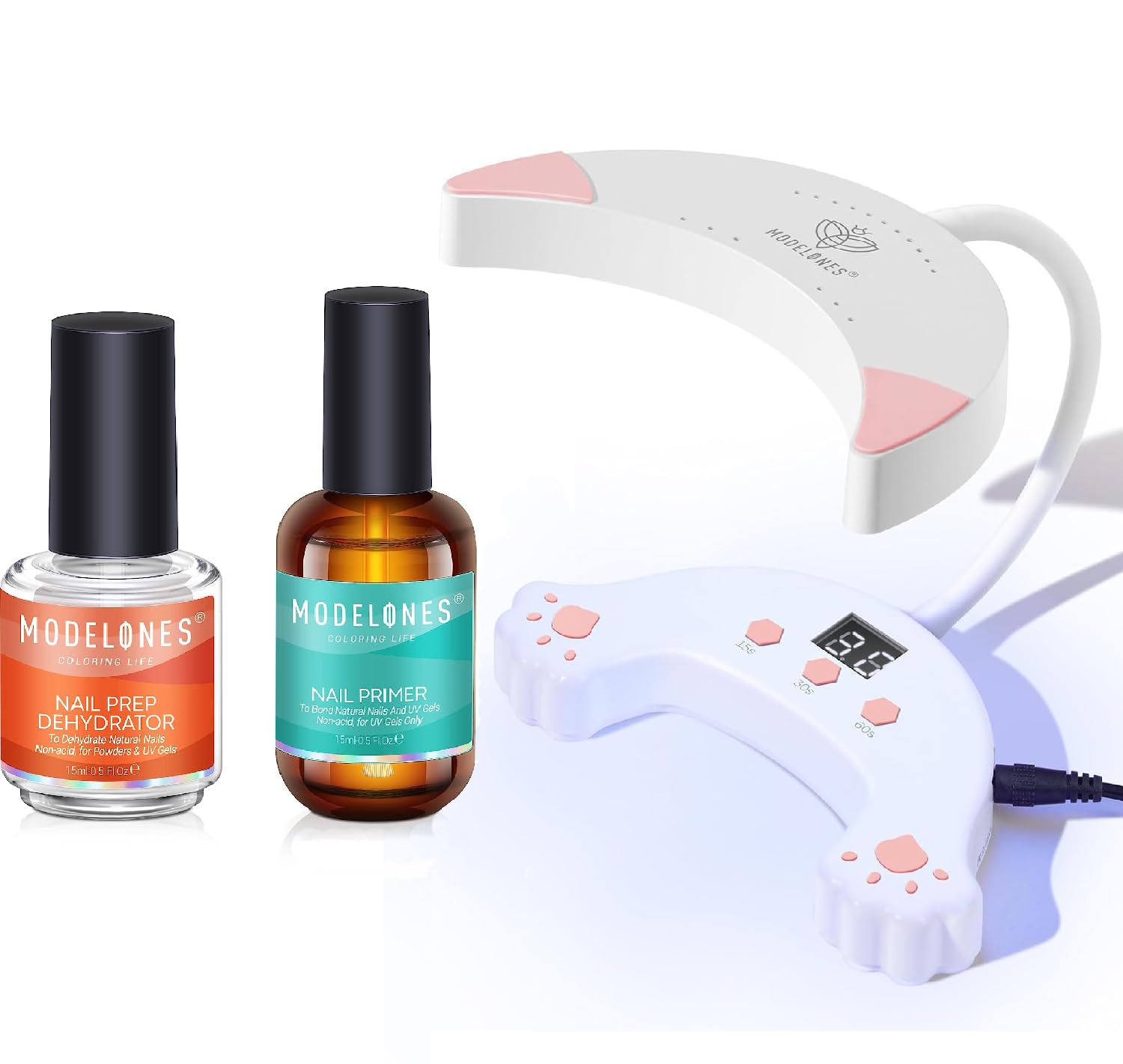 modelones 2023 Newest UV LED Nail Lamp with Nail Dehydrator and Primer, 48W Cute Smeow Goose Neck UV Lamp for Nails, 2Pcs Acid Free Natural Nail Prep Dehydrate & Bond Primer