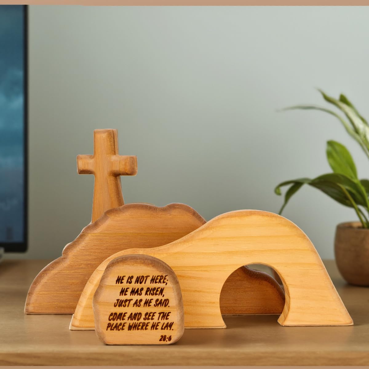 Nativity Set Indoor Christmas Decoration- 4 Pieces Empty Tomb Easter Scene and Cross Decoration, Wooden Easter Resurrection Scene Cross Jesus Tomb Tray Set, Jesus Nativity Scene Decor for Religious Home Office Tabletop Christian Gifts - Image 7